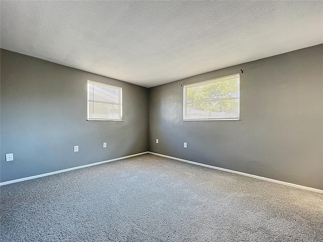 carpeted spare room with a healthy amount of sunlight, baseboards, and a textured ceiling