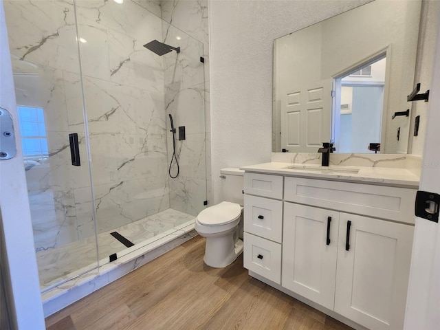 1032 Concert Ave, Spring Hill, FL 34609 - bathroom with a marble finish shower, toilet, wood finished floors, and vanity