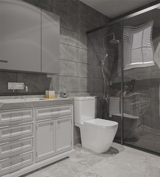 5413 Deltona Blvd, Spring Hill, FL 34606 - bathroom featuring vanity, toilet, tile walls, and a stall shower