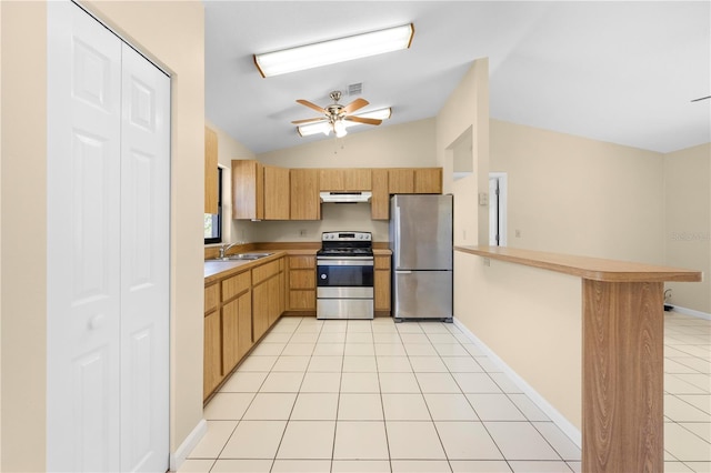 kitchen featuring under cabinet range hood, a sink, appliances with stainless steel finishes, a peninsula, and light tile patterned flooring