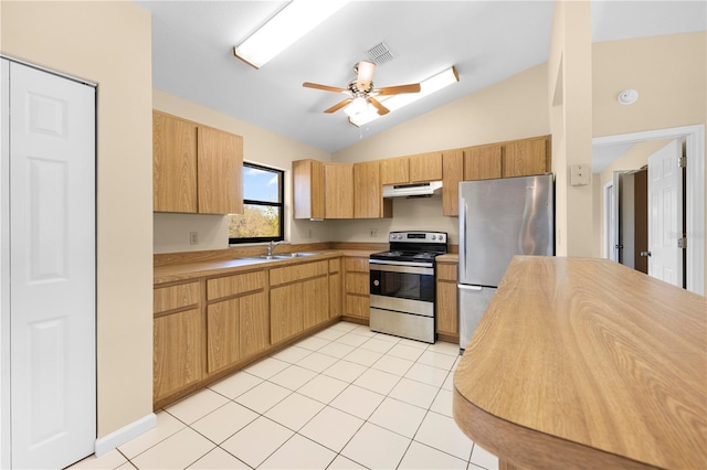 kitchen featuring visible vents, light tile patterned flooring, ceiling fan, stainless steel appliances, and under cabinet range hood