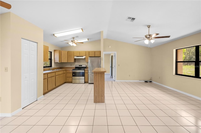 kitchen with visible vents, under cabinet range hood, appliances with stainless steel finishes, a ceiling fan, and a sink