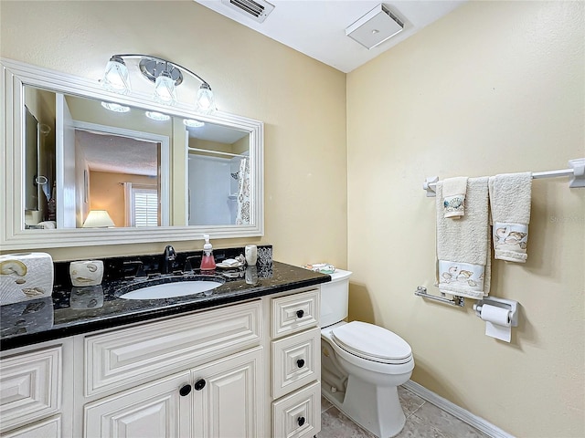 full bath featuring tile patterned flooring, visible vents, curtained shower, toilet, and vanity