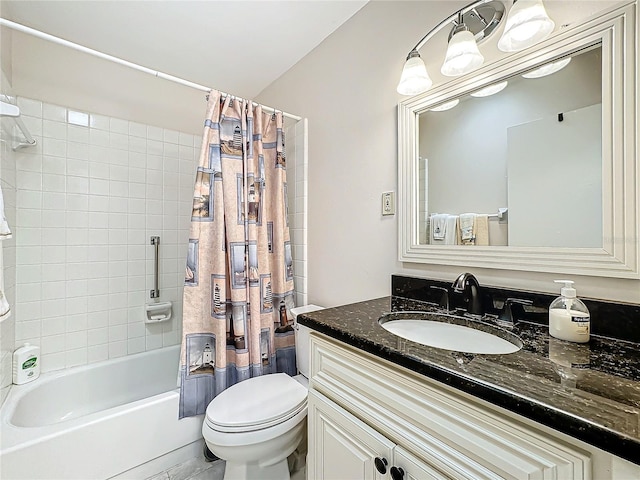 bathroom featuring toilet, vanity, and shower / bathtub combination with curtain