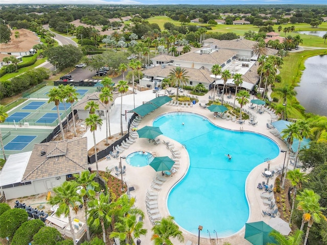 bird's eye view with a residential view and a water view