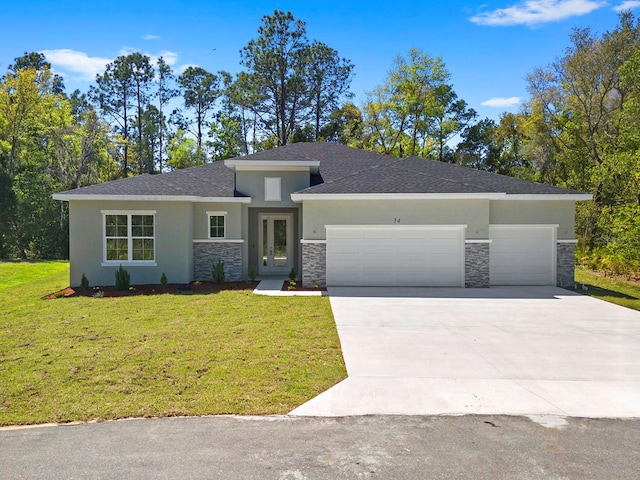 34 Wild Olive Ct, Homosassa, FL 34446 - prairie-style house with concrete driveway, stone siding, a garage, and stucco siding