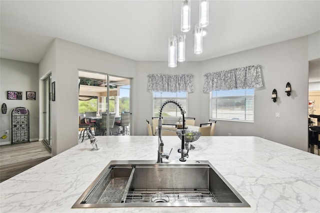 kitchen with hanging light fixtures, wood finished floors, and a sink