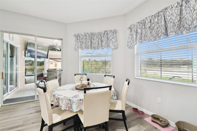 dining room featuring a wealth of natural light, baseboards, and light wood-style floors