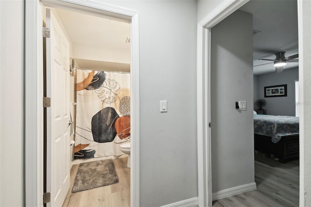 hallway with baseboards and wood finished floors