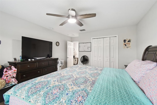 bedroom featuring a closet, visible vents, and ceiling fan