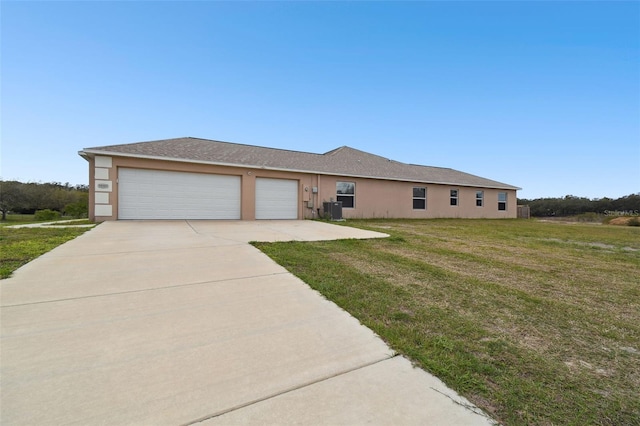 ranch-style house featuring a front lawn, concrete driveway, stucco siding, cooling unit, and an attached garage