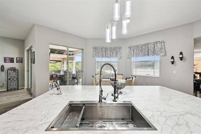 18317 Treehaven Dr, Hudson, FL 34667 - kitchen featuring a sink, wood finished floors, and decorative light fixtures