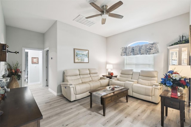 18317 Treehaven Dr, Hudson, FL 34667 - living area featuring ceiling fan, light wood finished floors, and baseboards