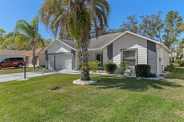 single story home featuring a garage, brick siding, concrete driveway, and a front lawn