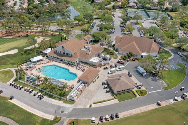 drone / aerial view with view of golf course