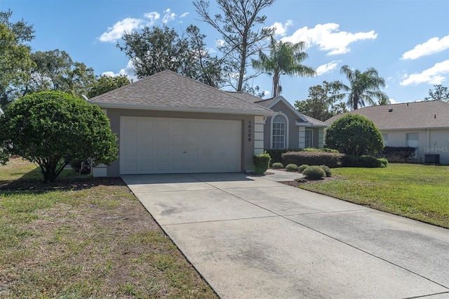 ranch-style house featuring stucco siding, driveway, a front lawn, an attached garage, and a shingled roof