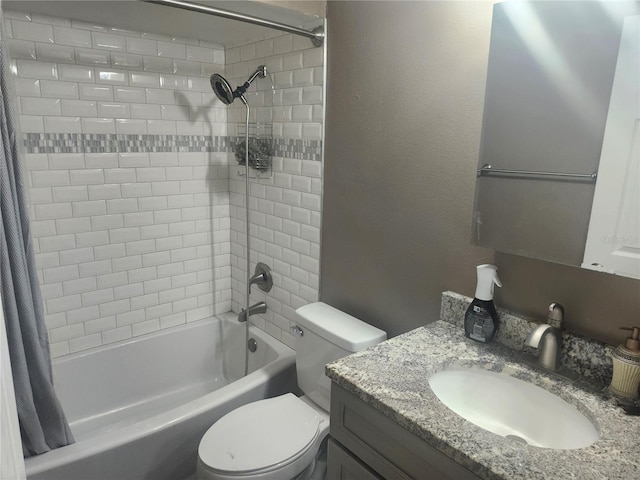 full bath featuring toilet, vanity, and shower / tub combo with curtain