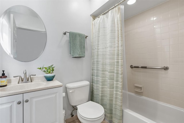 full bath with vanity, toilet, and shower / tub combo with curtain