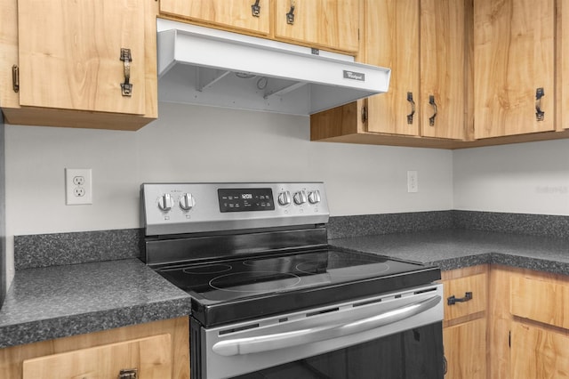 kitchen with under cabinet range hood, stainless steel electric range oven, and dark countertops