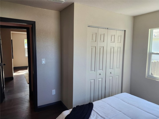 bedroom featuring multiple windows, dark wood-style flooring, and a closet