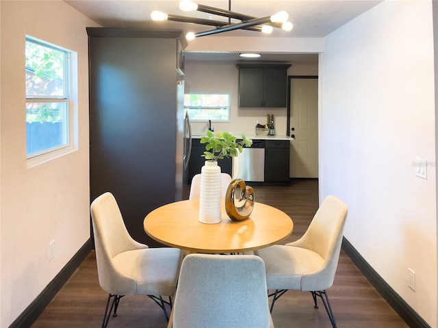 dining space featuring baseboards and dark wood-type flooring