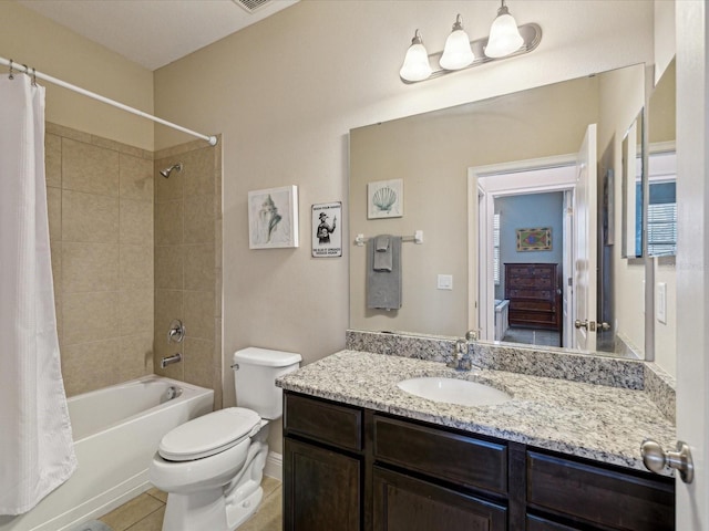 bathroom with vanity, tile patterned floors, toilet, and shower / bathtub combination with curtain