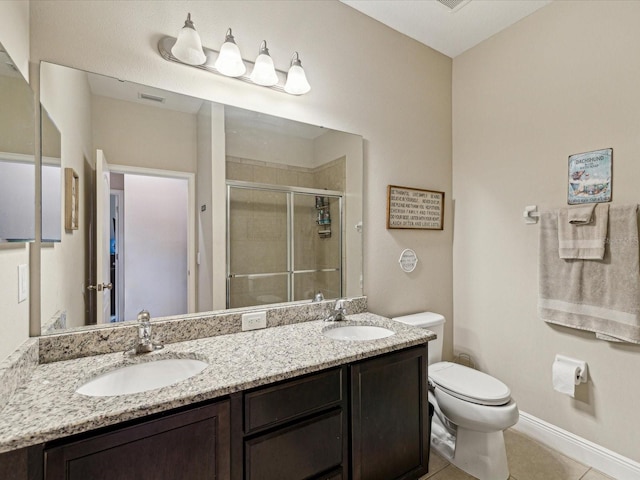 full bath featuring a shower stall, toilet, double vanity, and a sink