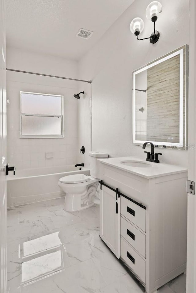 full bathroom with vanity, visible vents, shower / bathing tub combination, toilet, and marble finish floor