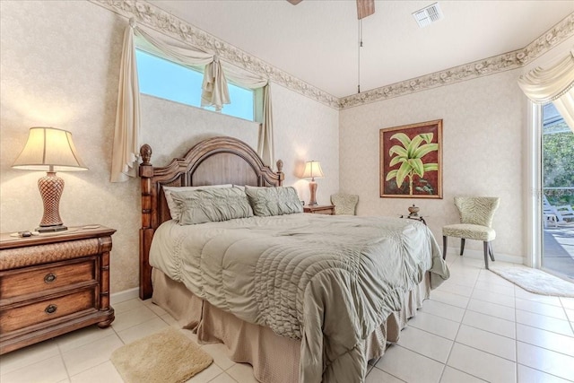 bedroom with visible vents, access to outside, light tile patterned flooring, wallpapered walls, and baseboards