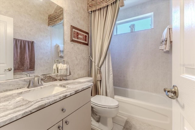 full bathroom featuring tile patterned floors, toilet, shower / tub combo with curtain, wallpapered walls, and vanity