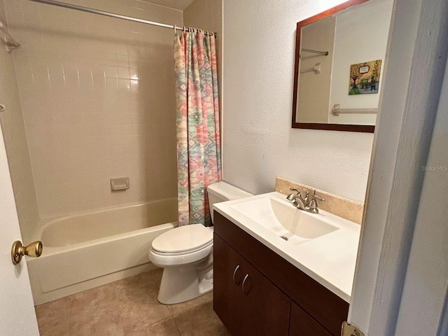 full bathroom with toilet, a textured wall, tile patterned floors, shower / bath combination with curtain, and vanity