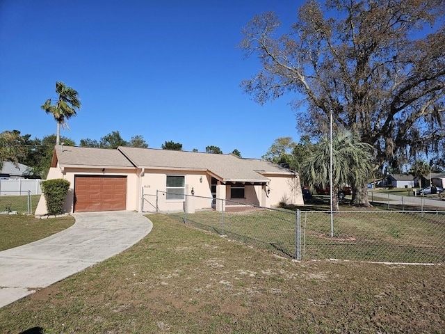 ranch-style home with driveway, stucco siding, a front lawn, a garage, and fence private yard