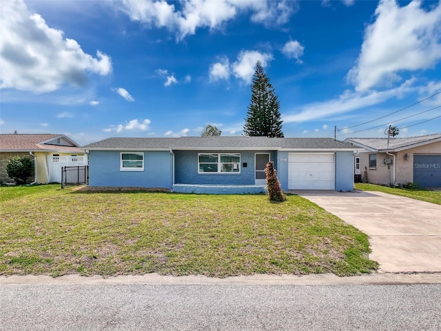 ranch-style home with a front lawn, fence, stucco siding, a garage, and driveway