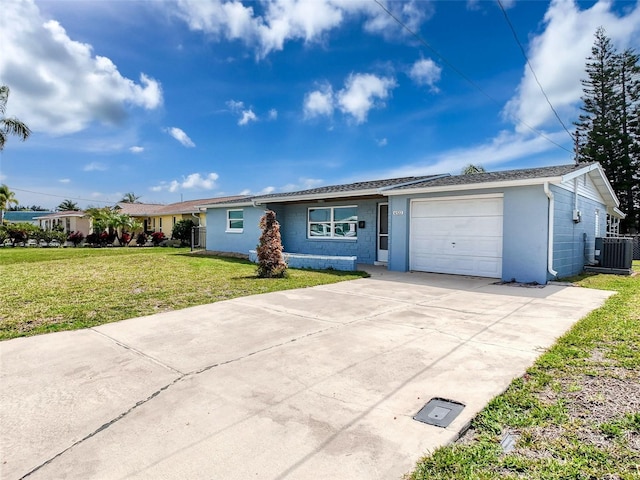 ranch-style home with stucco siding, driveway, central AC, a front yard, and an attached garage