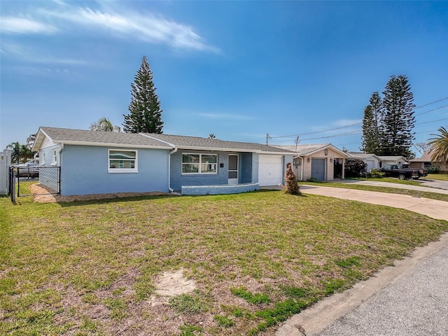 ranch-style home featuring fence, an attached garage, stucco siding, concrete driveway, and a front lawn