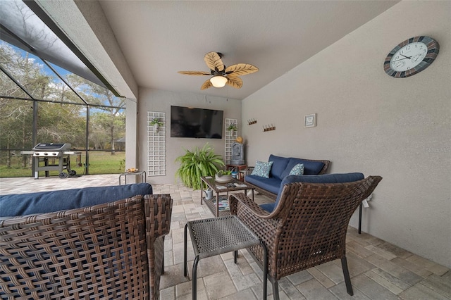 16386 Heron Hills Dr, Spring Hill, FL 34610 - view of patio with a grill, an outdoor living space, a ceiling fan, and glass enclosure