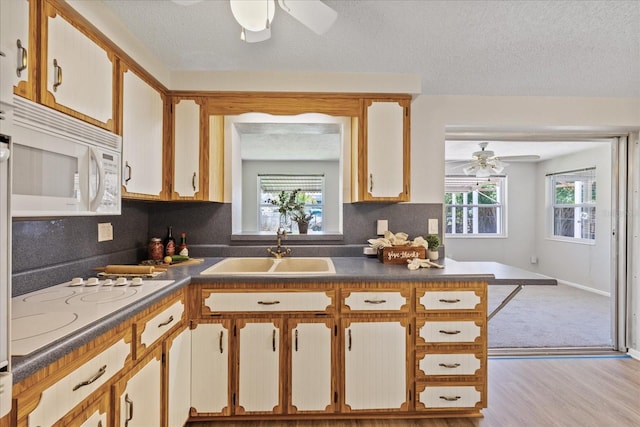 3728 Linkwood St, New Port Richey, FL 34652 - kitchen with dark countertops, wood finished floors, a sink, white appliances, and ceiling fan