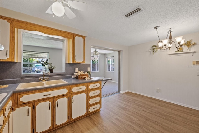 3728 Linkwood St, New Port Richey, FL 34652 - kitchen featuring light wood finished floors, a sink, a textured ceiling, tasteful backsplash, and visible vents