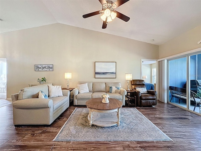 living room featuring high vaulted ceiling, dark wood-style floors, and ceiling fan