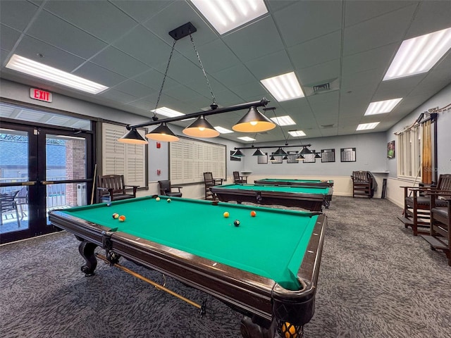 playroom with visible vents, pool table, carpet flooring, french doors, and a paneled ceiling