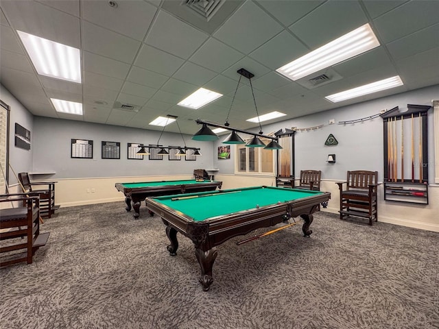 game room with visible vents, pool table, and carpet