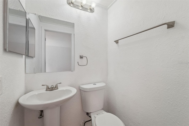 half bath featuring a sink, toilet, and a textured wall