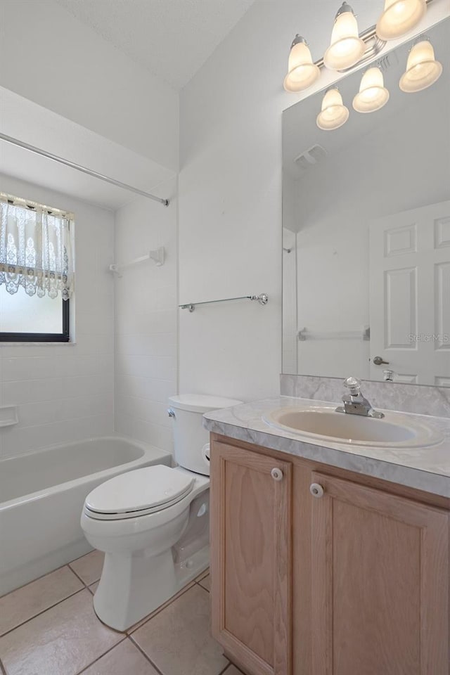 full bath featuring visible vents, toilet, tile patterned floors, vanity, and  shower combination