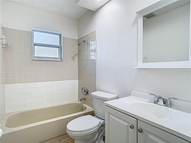 full bath with tub / shower combination, toilet, and vanity