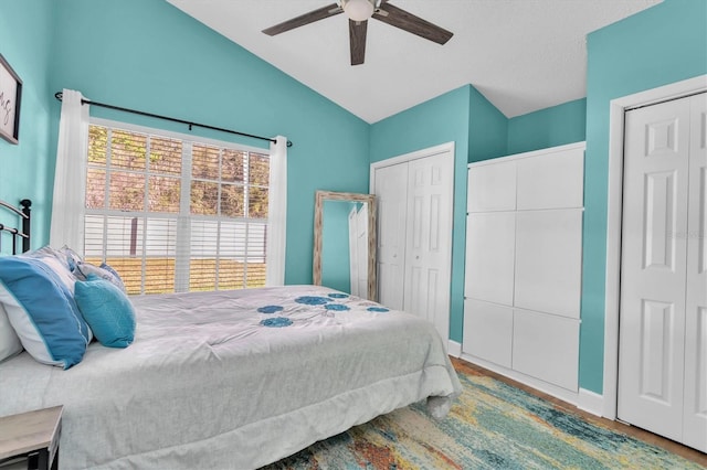 bedroom with wood finished floors, a ceiling fan, lofted ceiling, and multiple closets