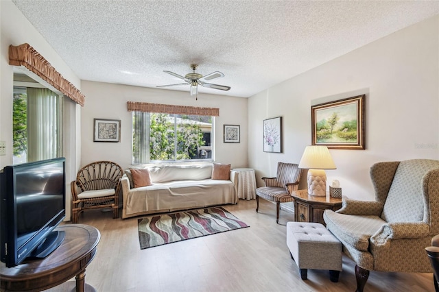 living room featuring a ceiling fan, wood finished floors, and a textured ceiling