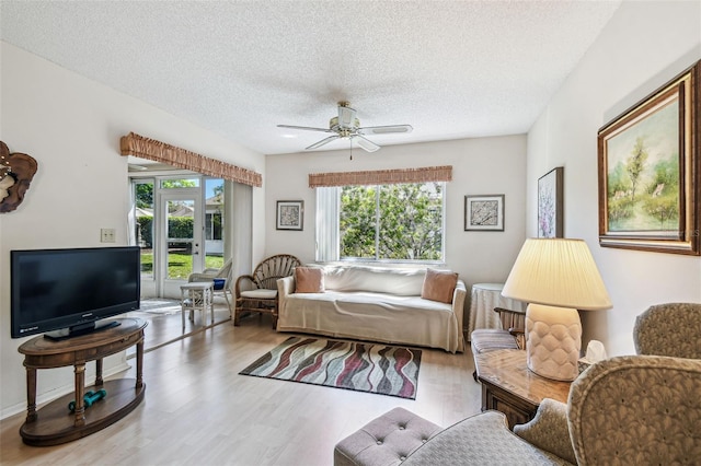 living room with a ceiling fan, wood finished floors, and a textured ceiling