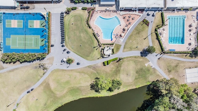 drone / aerial view featuring a water view