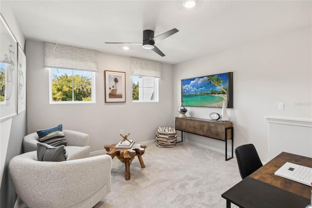 interior space featuring carpet flooring, recessed lighting, baseboards, and ceiling fan