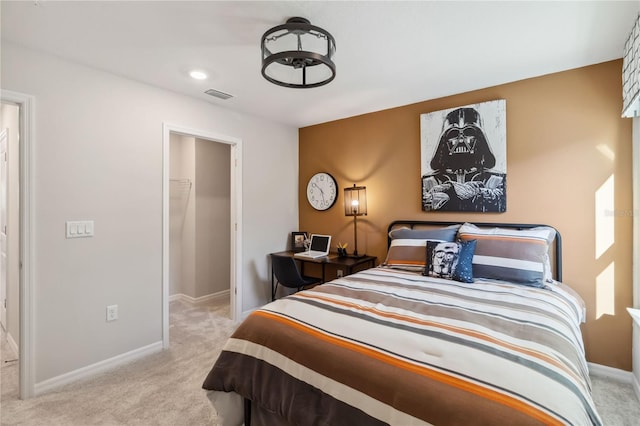 bedroom with recessed lighting, carpet flooring, visible vents, and baseboards